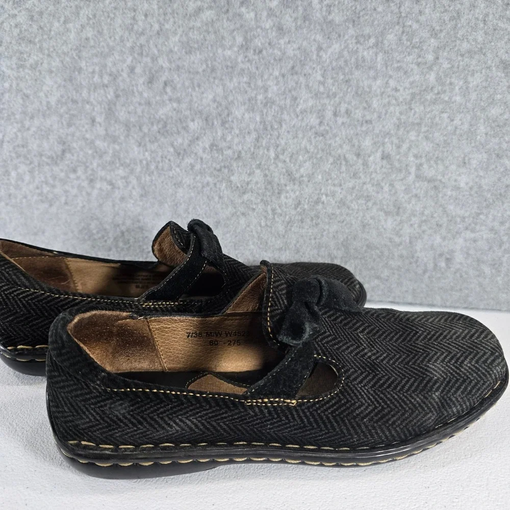 Born W4523 Herringbone Mary Jane Flats Black Grey Leather Suede Tie Womens 7 38